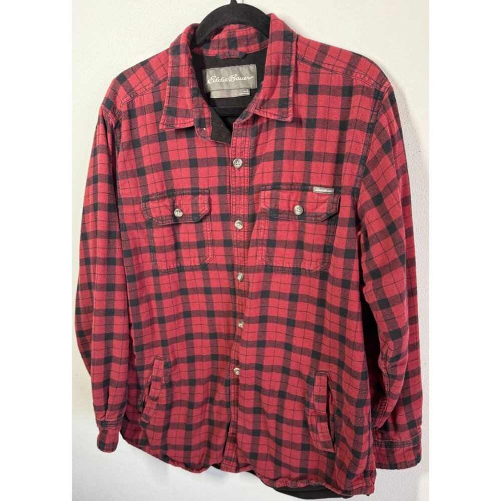 Eddie Bauer Men’s Red Black Plaid Flannel Jacket Sherpa Lined Button Front Large